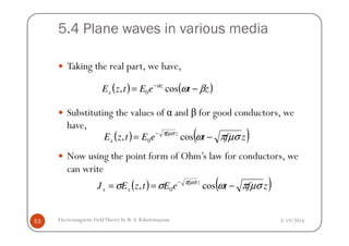 5.4 Plane waves in various media
Taking the real part, we have,
Substituting the values of α and β for good conductors, we
have,
( ) ( )zteEtzE z
x βωα
−= −
cos, 0
3/19/2014Electromagnetic FieldTheory by R. S. Kshetrimayum53
have,
Now using the point form of Ohm’s law for conductors, we
can write
( ) ( )zfteEtzE zf
x µσπωµσπ
−= −
cos, 0
( ) ( )zfteEtzEJ zf
xx µσπωσσ µσπ
−== −
cos, 0
 