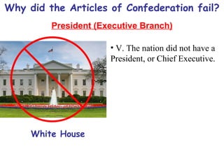 Why did the Articles of Confederation fail? President (Executive Branch) V. The nation did not have a President, or Chief Executive. White House 