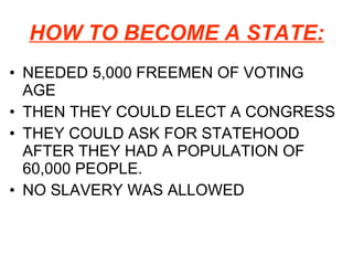 HOW TO BECOME A STATE: NEEDED 5,000 FREEMEN OF VOTING AGE THEN THEY COULD ELECT A CONGRESS THEY COULD ASK FOR STATEHOOD AFTER THEY HAD A POPULATION OF 60,000 PEOPLE.  NO SLAVERY WAS ALLOWED 