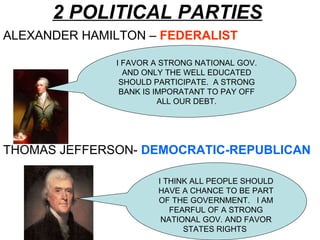 2 POLITICAL PARTIES ALEXANDER HAMILTON –  FEDERALIST THOMAS JEFFERSON-  DEMOCRATIC-REPUBLICAN   I THINK ALL PEOPLE SHOULD HAVE A CHANCE TO BE PART OF THE GOVERNMENT.  I AM FEARFUL OF A STRONG NATIONAL GOV. AND FAVOR STATES RIGHTS  I FAVOR A STRONG NATIONAL GOV. AND ONLY THE WELL EDUCATED SHOULD PARTICIPATE.  A STRONG BANK IS IMPORATANT TO PAY OFF ALL OUR DEBT. 