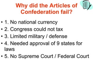 Why did the Articles of Confederation fail? 1. No national currency 2. Congress could not tax 3. Limited military / defense 4. Needed approval of 9 states for laws 5. No Supreme Court / Federal Court 