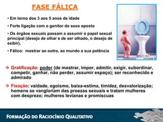 FASE FÁLICA
• Em torno dos 3 aos 5 anos de idade
• Forte ligação com o genitor do sexo oposto
• Os órgãos sexuais passam a assumir o papel sexual
principal (desejo de olhar e de ser olhado, o desejo de
exibir).
• Fálico: mostrar ao outro, ao mundo a sua potência

 Gratificação: poder (de mostrar, impor, admitir, exigir, subordinar,
competir, ganhar, não perder, assumir espaço); ser reconhecido e
admirado
 Fixação: vaidade, egoísmo, baixa-estima, timidez, desvalorização;
homens se vangloriam das proezas sexuais e tratam mulheres
com desprezo; mulheres levianas e promíscuas

 