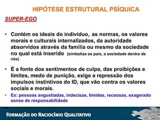HIPÓTESE ESTRUTURAL PSÍQUICA
SUPER-EGO
• Contém os ideais do indivíduo, as normas, os valores
morais e culturais internalizados, da autoridade
absorvidos através da família ou mesmo da sociedade
no qual está inserido (simboliza os pais, a sociedade dentro de
nós)

• É a fonte dos sentimentos de culpa, das proibições e
limites, medo de punição, exige a repressão dos
impulsos instintivos do ID, que vão contra os valores
sociais e morais.
• Ex: pessoas angustiadas, indecisas, tímidas, receosas, exagerado
senso de responsabilidade

•

 