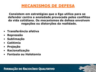 MECANISMOS DE DEFESA
Consistem em estratégias que o Ego utiliza para se
defender contra a ansiedade provocada pelos conflitos
da vida cotidiana. Os mecanismos de defesa envolvem
negações ou distorções da realidade.
•
•
•
•
•
•
•

Transferência afetiva
Repressão
Sublimação
Catitimia
Projeção
Racionalização
Fantasia ou Holotomia

 