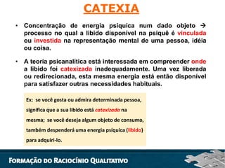 CATEXIA
• Concentração de energia psíquica num dado objeto 
processo no qual a libido disponível na psiquê é vinculada
ou investida na representação mental de uma pessoa, idéia
ou coisa.
• A teoria psicanalítica está interessada em compreender onde
a libido foi catexizada inadequadamente. Uma vez liberada
ou redirecionada, esta mesma energia está então disponível
para satisfazer outras necessidades habituais.
Ex: se você gosta ou admira determinada pessoa,
significa que a sua libido está catexizada na
mesma; se você deseja algum objeto de consumo,
também despenderá uma energia psíquica (libido)
para adquiri-lo.

 