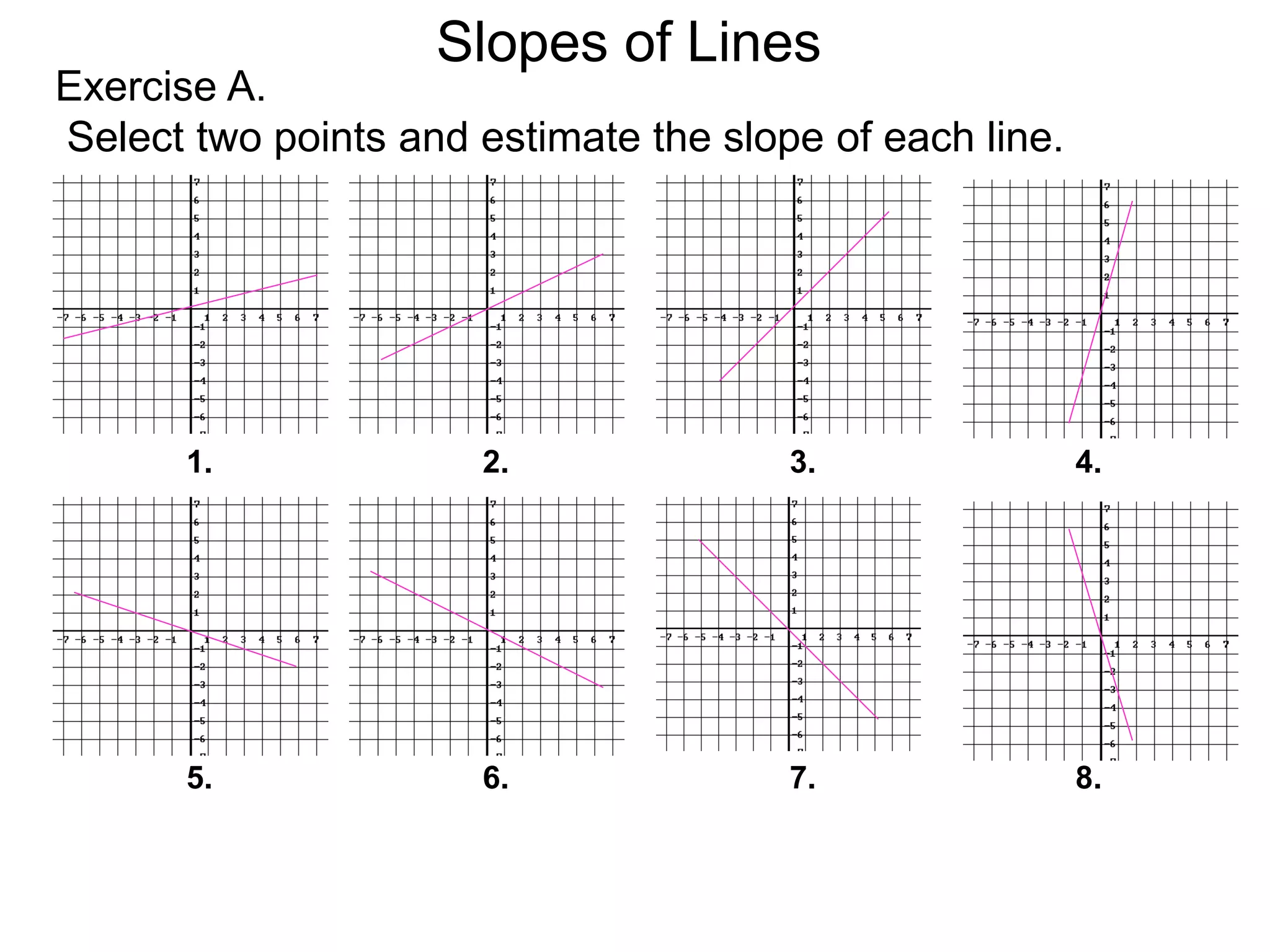 Exercise A.
Select two points and estimate the slope of each line.
1. 2. 3. 4.
Slopes of Lines
5. 6. 7. 8.
 