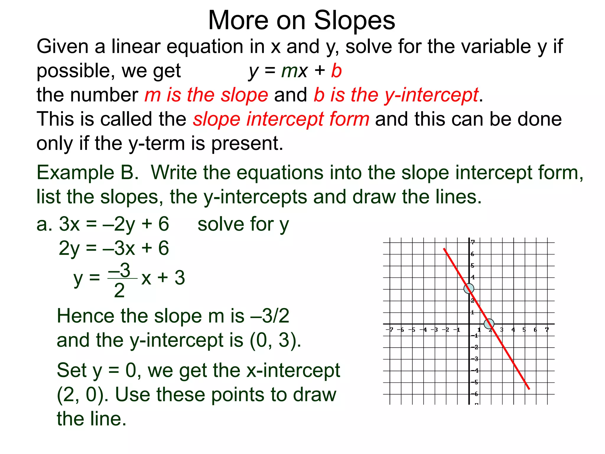 Given a linear equation in x and y, solve for the variable y if
possible, we get y = mx + b
the number m is the slope and b is the y-intercept.
This is called the slope intercept form and this can be done
only if the y-term is present.
More on Slopes
a. 3x = –2y + 6 solve for y
2y = –3x + 6
y =
2
–3 x + 3
Hence the slope m is –3/2
and the y-intercept is (0, 3).
Set y = 0, we get the x-intercept
(2, 0). Use these points to draw
the line.
Example B. Write the equations into the slope intercept form,
list the slopes, the y-intercepts and draw the lines.
 