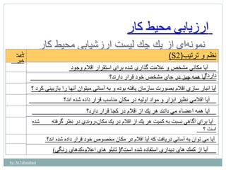 by: M.Tabatabaei 
ارزيابي محيط كار 
نمون هاي از يك چك ليست ارزشيابي محيط كار 
)S نظم و ترتيب) 2 
آيا مكاني مشخص و علامت گذاري شده براي استقرار اقلام وجود 
دارد آ ؟يا همه چيز در جاي مشخصخود قرار دارند؟ 
آيا انبار سازي اقلام بصورت سازمان يافته بوده و به آساني ميتوان آنها را بازبيني كرد ؟ 
آيا اقلامي نظير ابزار و مواد اوليه در مكان مناسب قرار داده شده اند؟ 
آيا همه اعضاء مي دانند هر يك از اقلام در كجا قرار دارد؟ 
آيا براي آگاهي نسبت به كميت هر يك از اقلام در يك مكان،روندي در نظر گرفته شده 
است ؟ 
بلي- 
خير 
آيا مي توان به آساني دريافت كه آيا اقلام در مكان مخصوصخود قرار داده شده اند؟ 
آيا از كمك هاي ديداري استفاده شده است؟) تابلو هاي اعلام،كدهاي رنگي) 
 