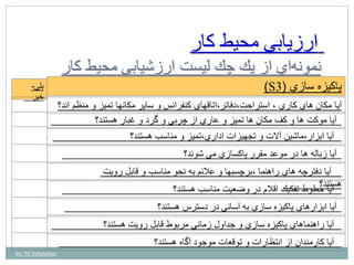 by: M.Tabatabaei 
ارزيابي محيط كار 
نمون هاي از يك چك ليست ارزشيابي محيط كار 
)S پاكيزه سازي ) 3 
آيا مكان هاي كاري ، استراحت،دفاتر،اتاقهاي كنفرانس و ساير مكانها تميز و منظم اند؟ 
آيا موكت ها و كف مكان ها تميز و عاري از چربي و گرد و غبار هستند؟ 
آيا ابزار،ماشين آلات و تجهيزات اداري،تميز و مناسب هستند؟ 
آيا زباله ها در موعد مقرر پاكسازي مي شوند؟ 
آيا دفترچه هاي راهنما ،برچسبها و علائم به نحو مناسب و قابل رويت 
هستند؟ 
آيا خطوط تفكيك اقلام در وضعيت مناسب هستند؟ 
بلي- 
خير 
آيا ابزارهاي پاكيزه سازي به آساني در دسترس هستند؟ 
آيا راهنماهاي پاكيزه سازي و جداول زماني مربوط قابل رويت هستند؟ 
آيا كارمندان از انتظارات و توقعات موجود آگاه هستند؟ 
 
