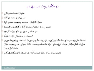 مديريت ديداري در S دوم 
عنوان قسمتهاي كاري 
عنوان ابزار و ماشين آلات 
عنوان كاركنان، سمت و وضعيت حضور آنها 
نصب لي اوت استقرار ماشين آلات و كاركنان در قسمت 
ديده شدن ساين بردها و ليبلها از دور 
استفاده از بولتنهاي زنده و بزرگ 
استفاده از برچسبها و نشانه گذاري )جهت باز و بسته كردن شيرها، تسمه ها و زنجيرها، ميزان 
حرارت، قطر، ولتاژ، جهت، نوع محلول لوله ها، هشداردهنده، نكات بحراني، جاي پيچها، ميزان 
دقت ابزار و …( 
تعيين ميزان ميزان مجاز انبارش اقلام در انبارها يا ايستگاههاي كاري 
by: M.Tabatabaei 
 