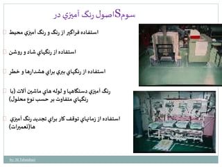 اصول رنگ آميزي در S سوم 
استفاده فراگير از رنگ و رنگ آميزي محيط 
استفاده از رنگهاي شاد و روشن 
استفاده از رنگهاي ببري براي هشدارها و خطر 
رنگ آميزي دستگاهها و لوله هاي ماشين آلات )با 
رنگهاي متفاوت بر حسب نوع محلول ( 
استفاده از زمانهاي توقف كار براي تجديد رنگ آميزي 
ها)تعميرات( 
by: M.Tabatabaei 
 