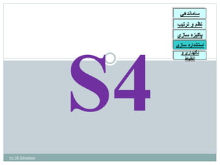 ساماندهي 
نظم و ترتيب 
پاكيزه سازي 
استاندارد سازي 
نگهداري و 
انظباط 
by: M.Tabatabaei 
 