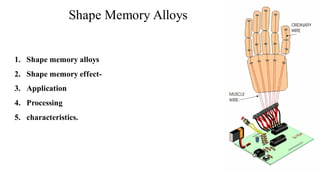 1. Shape memory alloys
2. Shape memory effect-
3. Application
4. Processing
5. characteristics.
Shape Memory Alloys
 