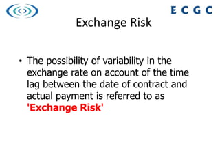 Transfer Risk..
• Transfer risk arises from all/any of the above
– Weakness in economy of Buyer's country, viz.
low reserv...