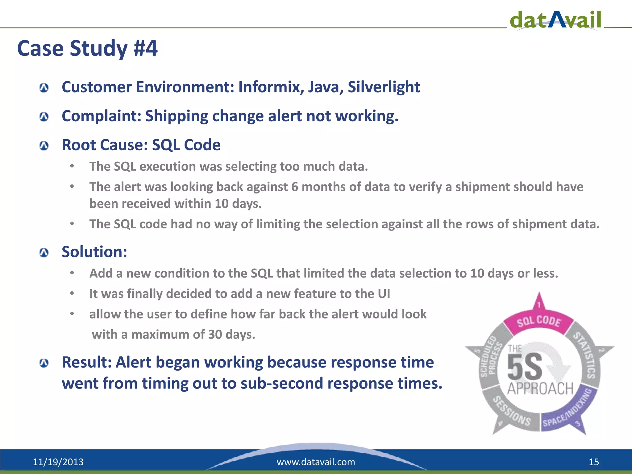 Case Study #4
Customer Environment: Informix, Java, Silverlight
Complaint: Shipping change alert not working.
Root Cause: SQL Code
•
•
•

The SQL execution was selecting too much data.
The alert was looking back against 6 months of data to verify a shipment should have
been received within 10 days.
The SQL code had no way of limiting the selection against all the rows of shipment data.

Solution:
•
•
•

Add a new condition to the SQL that limited the data selection to 10 days or less.
It was finally decided to add a new feature to the UI
allow the user to define how far back the alert would look
with a maximum of 30 days.

Result: Alert began working because response time
went from timing out to sub-second response times.

11/19/2013

www.datavail.com

15

 
