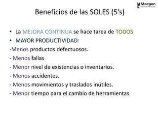 Beneficios de las SOLES (5’s)
• La MEJORA CONTINUA se hace tarea de TODOS
• MAYOR PRODUCTIVIDAD:
-Menos productos defectuosos.
- Menos fallas
- Menor nivel de existencias o inventarios.
- Menos accidentes.
- Menos movimientos y traslados inútiles.
- Menor tiempo para el cambio de herramientas
 