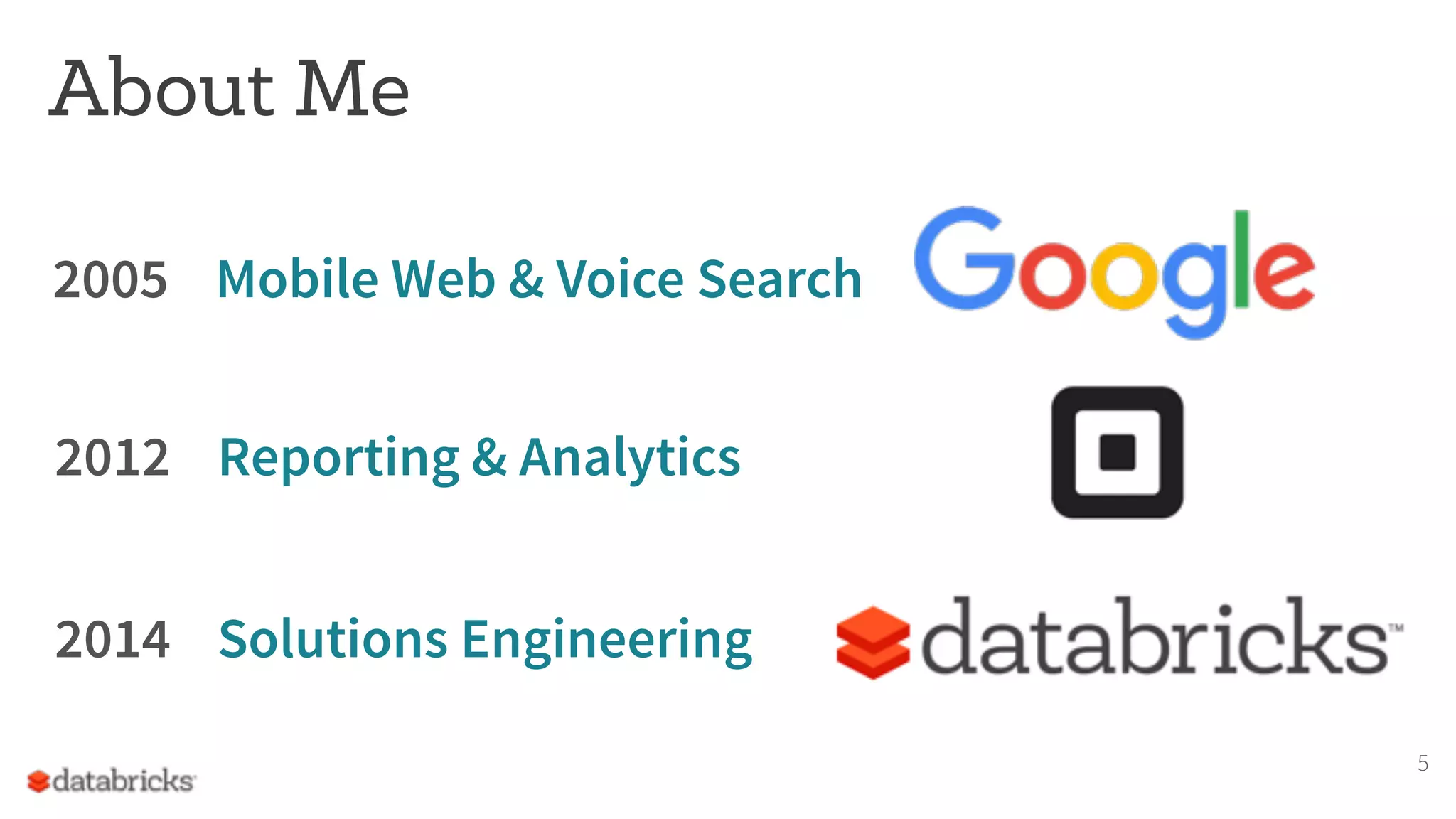 About Me
2005 Mobile Web & Voice Search
5
2012 Reporting & Analytics
2014 Solutions Engineering
 