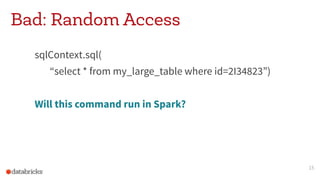 Bad: Random Access
sqlContext.sql(
“select * from my_large_table where id=2I34823”)
Will this command run in Spark?
15
 