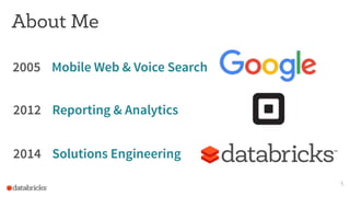 About Me
2005 Mobile Web & Voice Search
5
2012 Reporting & Analytics
2014 Solutions Engineering
 