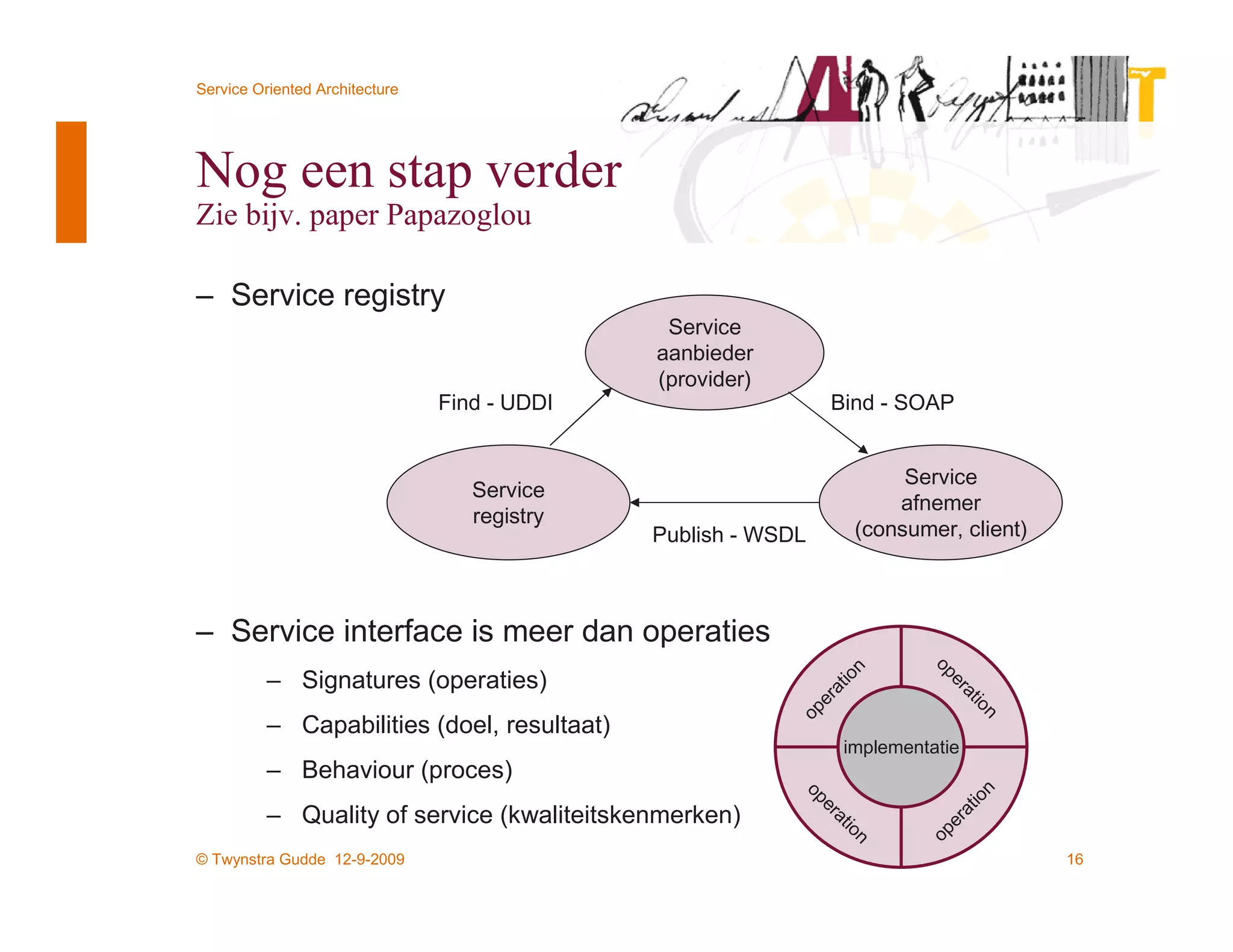 Service Oriented Architecture




Nog een stap verder
Zie bijv. paper Papazoglou

– Service registry
                                               Service
                                              aanbieder
                                              (provider)
                                Find - UDDI                     Bind - SOAP


                                                                         Service
                                   Service
                                                                        afnemer
                                   registry
                                              Publish - WSDL        (consumer, client)



– Service interface is meer dan operaties




                                                                           op
                                                                 n
          – Signatures (operaties)




                                                                  io




                                                                              er
                                                               at




                                                                                at
                                                             er




                                                                                   io
                                                           op




                                                                                  n
          – Capabilities (doel, resultaat)
                                                                  implementatie
          – Behaviour (proces)




                                                                                  n
                                                            op




                                                                                 io
                                                               er




                                                                              at
          – Quality of service (kwaliteitskenmerken)




                                                                            er
                                                                 at
                                                                    io




                                                                          op
                                                                   n
© Twynstra Gudde 12-9-2009                                                               16
 