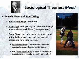 Sociological Theories: Mead
• Mead’s Theory of Role-Taking:
– Preparatory Stage: imitation.
– Play Stage: anticipatory socialization through
make-believe as children (taking on roles).
– Game Stage: the child begins to understand
not only their own role, but the roles of
others and how they interact.
• significant others = those around us whose
approval and/or affection matter to us.
• The “generalized other” = general attitudes and
expectations of society, mentally personified.
 