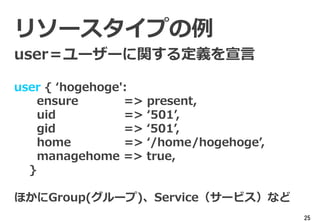 25
リソースタイプの例
user { ‘hogehoge':
ensure => present,
uid => ‘501’,
gid => ‘501’,
home => ‘/home/hogehoge’,
managehome => true,
}
ほかにGroup(グループ)、Service（サービス）など
user＝ユーザーに関する定義を宣言
 