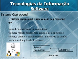 Tecnologias da Informação Software Sistema Operacional Aplicativos Softwares Sistema Operacional O  sistema operacional  é uma coleção de programas que: inicializa o hardware do computador fornece rotinas básicas para controle de dispositivos fornece gerência, escalonamento  e interação de tarefas mantém a integridade de sistema Fonte: http://www.oficinadanet.com.br 