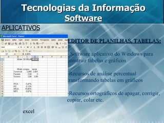 Tecnologias da Informação Software APLICATIVOS excel EDITOR DE PLANILHAS, TABELAS: - Software aplicativo do Windows para construir tabelas e gráficos Recursos de análise percentual transformando tabelas em gráficos Recursos ortográficos de apagar, corrigir, copiar, colar etc. 