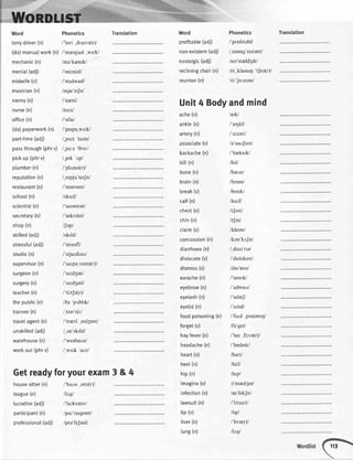 Word
lorrydriver(n)
(do)manualwork(n)
mechanic(n)
meniat(adi)
midwife(n)
musician(n)
nanny(n)
nurse(n)
office(n)
(do)paperwork(n)
part-time(adj)
passthrough(phrv)
pickup(phrv)
ptumber(n)
reputation(n)
restaurant(n)
schoot(n)
scientist(n)
secretary(n)
shop(n)
skitled(adi)
stressfut(adi)
studio(n)
supervisor(n)
surgeon(n)
surgery(n)
teacher(n)
thepubtic(n)
trainee(n)
travetagent(n)
unskitled(adi)
warehouse(n)
workout(phrv)
Phonetics
/'lori ,drarve(r)/
/'menjuel ,we:k/
ime'krenrk/
l'mi-^nieV
I'mrdwalfl
lmju'zt[nl
I'na;ntl
/n3:s/
/'ofis/
/'perpe,ws:k/
/,pc:t'tarm/
/,po:s'Oru:/
I,prk't'pl
/'pl.tme(r)/
/,repju'terJn/
/'restrDnt/
/sku:l/
/'sarentrst/
/'sekretri/
l[opl
/skrld/
/'stresfl/
/'stju:dieo/
/'su:pe,varze(r)/
/'ss:d3en/
/'sa:d3eri/
/ ti:tJe(r)/
/de 'p.tbhk/
I,tret'ni:/
I'trevl prd3entl
/,nn'skrld/
/'weahac;s/
/ ws:k 'aotl
Translation Word
profitabte(adj)
non-existent(adj)
nostatgic(adi)
recliningchair(n)
reunion(n)
Phonetics
/'profrtebl/
/,nonrg'zrstenti
/no'steldgrk/
/ri:,klarnr4'tJee(r)/
/ri:'ju:nren/
Translation
Unit4 Bodyandmind
ache(n)
ankte(n)
artery(n)
associate(v)
backache(n)
bitt(n)
bone(n)
brain(n)
break(v)
calf(n)
chest(n)
chin(n)
ctaim(v)
concussion(n)
diarrhoea(n)
distocate(v)
dismiss(v)
earache(n)
eyebrow(n)
eyetash(n)
eyetid(n)
foodpoisoning(n) /'fu:d ,pczenr4/
forget(v)
hayfever(n)
headache(n)
heart(n)
heet(n)
hip(n)
imagine(v)
infection(n)
lawsuit(n)
lip (n)
tiver(n)
tung(n)
lerW
l'r,qkll
I'o:.taril
/e'seoJiert/
/'bekerk/
lbrll
lbaanl
lbrenl
lbrerkl
lko:fl
/tJest/
It!n/
/klermi
/ken'k,tJn/
ldarc'nal
/'drslekeft/
/drs'mrs/
/'lorgV
I'arbraul
I'al/ra,fl
l'a:l'tdl
lfe'geIl
/'her ,fi:ve(r)/
/'hederk/
lho''-tl
lhi:U
lhrpl
llmer'd3lrnl
/rn'fekJn/
/'lc:su:t/
lbpl
/'lwe(r)/
llt'ql
Getreadyforyourexam3 & 4
housesitter(n)
teague(n)
lucrative(adi)
participant(n)
professional(adj)
/'haos ,srte(r)/
lli:gl
/'lu:kretrvi
/po:'trsrpent/
/pre'feJenl/
Wordlist
 