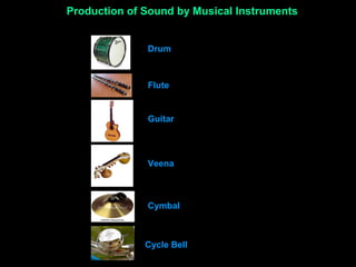 Production of Sound by Musical Instruments
Drum
Flute
Guitar
Veena
Cycle Bell
Cymbal
 