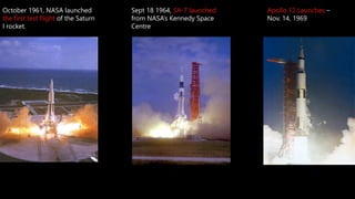 October 1961, NASA launched
the first test flight of the Saturn
I rocket.
Sept 18 1964, SA-7 launched
from NASA’s Kennedy Space
Centre
Apollo 12 Launches –
Nov. 14, 1969
 