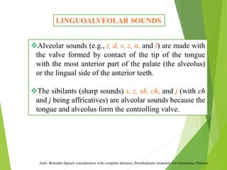 LINGUOALVEOLAR SOUNDS
Alveolar sounds (e.g., t, d, s, z, n, and l) are made with
the valve formed by contact of the tip of the tongue
with the most anterior part of the palate (the alveolus)
or the lingual side of the anterior teeth.
The sibilants (sharp sounds) s, z, sh, ch, and j (with ch
and j being affricatives) are alveolar sounds because the
tongue and alveolus form the controlling valve.
Zarb- Bolender:Speech consideration with complete dentures ;Prosthodontic treatment For Edentulous Patients
 