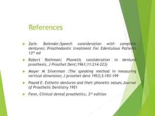 References
 Zarb- Bolender:Speech consideration with complete
dentures; Prosthodontic treatment For Edentulous Patients
13th ed
 Robert Rothman; Phonetic consideration in denture
prosthesis, J Prosthet Dent;1961;11:214-223)
 Meyer M Silverman :The speaking method in measuring
vertical dimension; J prosthet dent 1953;3:193-199
 Pound E. Esthetic dentures and their phonetic values.Journal
of Prosthetic Dentistry 1951
 Fenn, Clinical dental prosthetics, 3rd edition
 