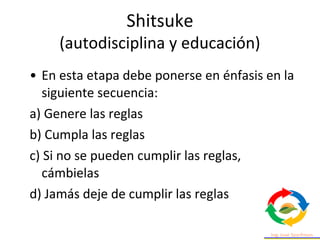 • En esta etapa debe ponerse en énfasis en la
siguiente secuencia:
a) Genere las reglas
b) Cumpla las reglas
c) Si no se pueden cumplir las reglas,
cámbielas
d) Jamás deje de cumplir las reglas
Shitsuke
(autodisciplina y educación)
 