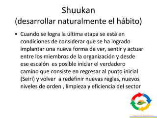 • Cuando se logra la última etapa se está en
condiciones de considerar que se ha logrado
implantar una nueva forma de ver, sentir y actuar
entre los miembros de la organización y desde
ese escalón es posible iniciar el verdadero
camino que consiste en regresar al punto inicial
(Seiri) y volver a redefinir nuevas reglas, nuevos
niveles de orden , limpieza y eficiencia del sector
Shuukan
(desarrollar naturalmente el hábito)
 