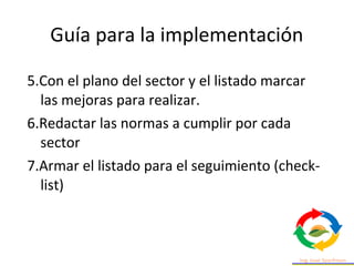 5.Con el plano del sector y el listado marcar
las mejoras para realizar.
6.Redactar las normas a cumplir por cada
sector
7.Armar el listado para el seguimiento (check-
list)
Guía para la implementación
 