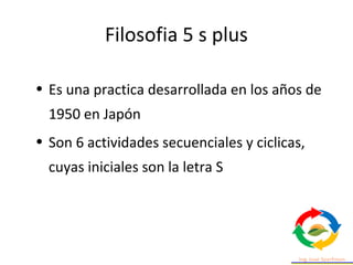Filosofia 5 s plus
• Es una practica desarrollada en los años de
1950 en Japón
• Son 6 actividades secuenciales y ciclicas,
cuyas iniciales son la letra S
 