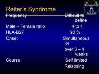 Reiter’s Syndrome
Frequency              Difficult to
                              define
Male – Female ratio         4 t...