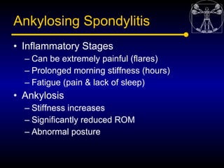 Ankylosing Spondylitis
• Inflammatory Stages
  – Can be extremely painful (flares)
  – Prolonged morning stiffness (hours)...