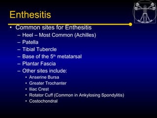 Enthesitis
• Common sites for Enthesitis
  –   Heel – Most Common (Achilles)
  –   Patella
  –   Tibial Tubercle
  –   Bas...