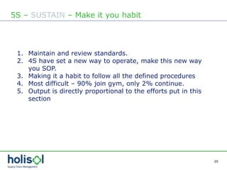 20
5S – SUSTAIN – Make it you habit
1. Maintain and review standards.
2. 4S have set a new way to operate, make this new way
you SOP.
3. Making it a habit to follow all the defined procedures
4. Most difficult – 90% join gym, only 2% continue.
5. Output is directly proportional to the efforts put in this
section
 