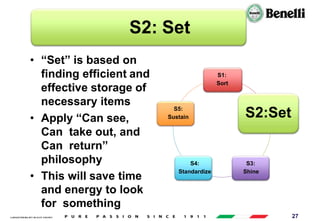 AARI/QSF/MR/004, REV 00, DATE 23/04/2019 27
S2: Set
• “Set” is based on
finding efficient and
effective storage of
necessary items
• Apply “Can see,
Can take out, and
Can return”
philosophy
• This will save time
and energy to look
for something
S1:
Sort
S2:Set
S3:
Shine
S4:
Standardize
S5:
Sustain
 