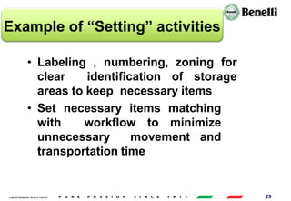 AARI/QSF/MR/004, REV 00, DATE 23/04/2019 29
Example of “Setting” activities
• Labeling , numbering, zoning for
clear identification of storage
areas to keep necessary items
• Set necessary items matching
with workflow to minimize
unnecessary movement and
transportation time
 