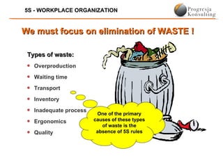 5S - WORKPLACE ORGANIZATION


We must focus on elimination of WASTE !

 Types of waste:
 q   Overproduction
 q   Waiting time
 q   Transport
 q   Inventory
 q   Inadequate process
                           One of the primary
 q   Ergonomics           causes of these types
                             of waste is the
 q   Quality               absence of 5S rules
 