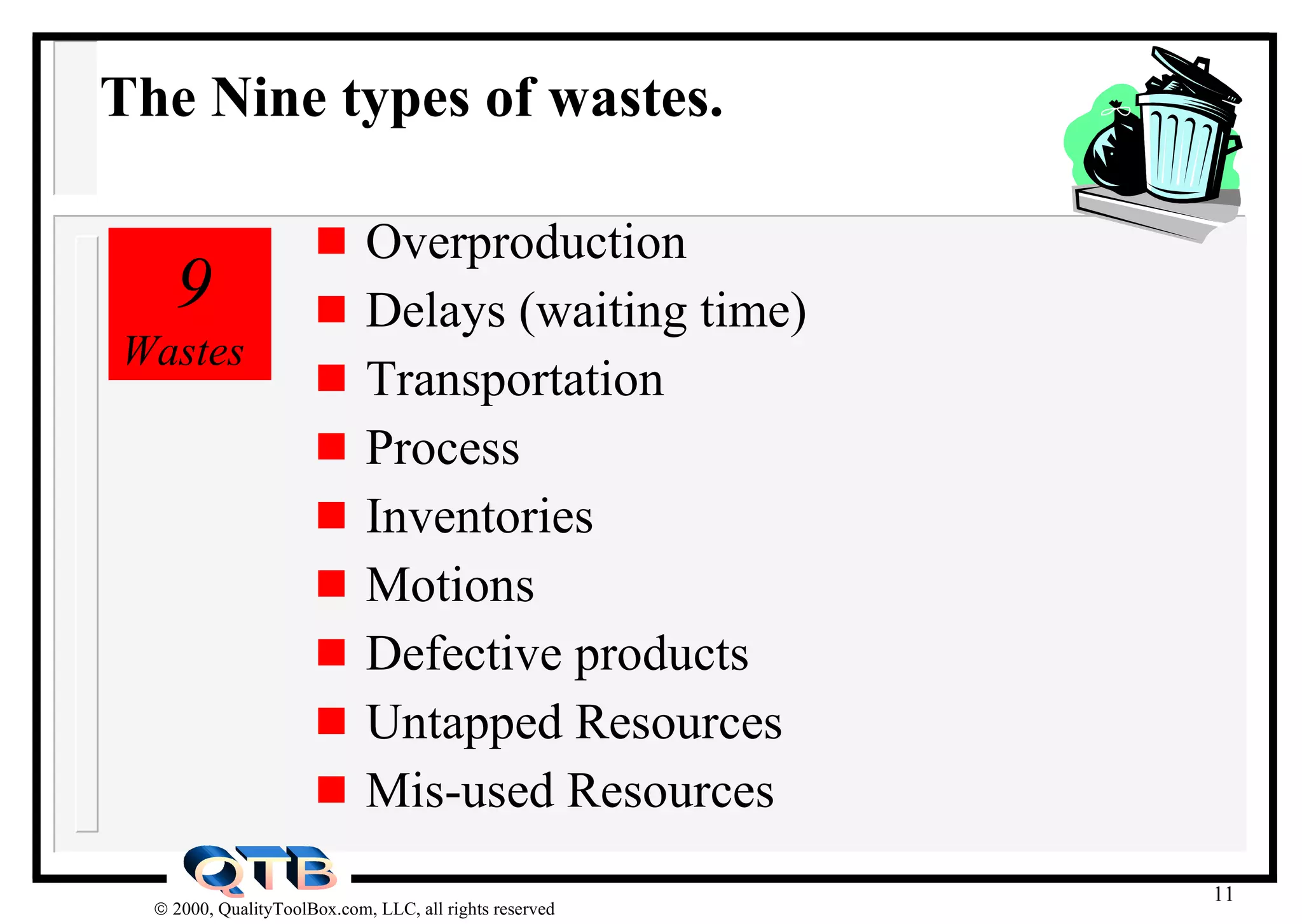 Overproduction Delays (waiting time) Transportation Process Inventories Motions Defective products Untapped Resources Mis-used Resources 9  Wastes The Nine types of wastes. 