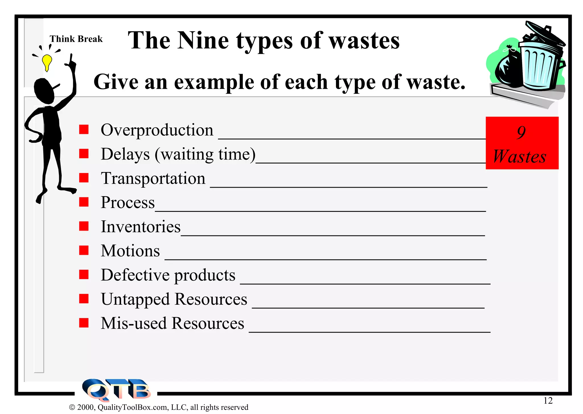 Overproduction ______________________________ Delays (waiting time)__________________________ Transportation _______________________________ Process_____________________________________ Inventories__________________________________ Motions ____________________________________ Defective products ____________________________ Untapped Resources __________________________ Mis-used Resources ___________________________ 9 Wastes Give an example of each type of waste. The Nine types of wastes Think Break 