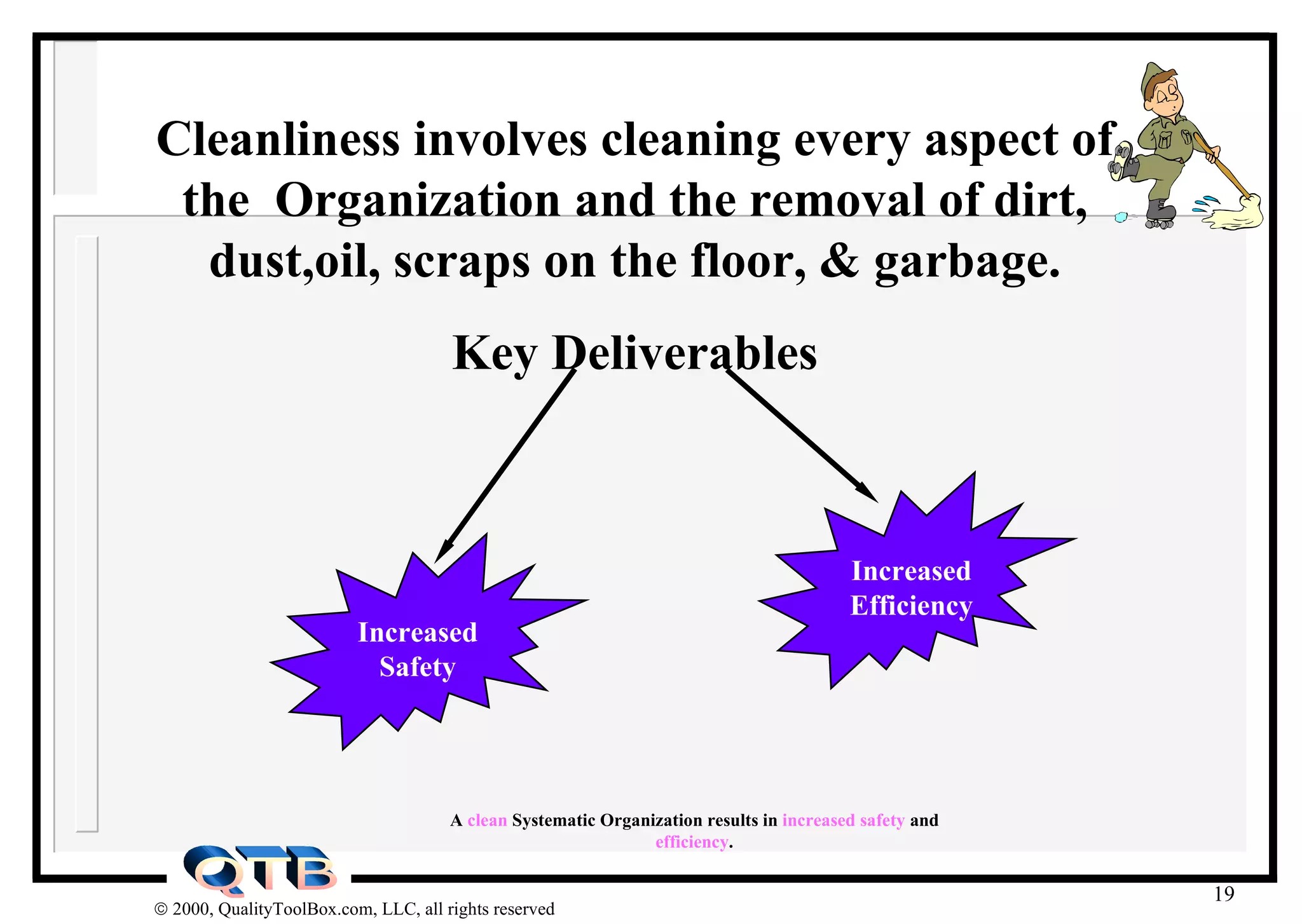 Cleanliness involves cleaning every aspect of the  Organization and the removal of dirt, dust,oil, scraps on the floor, & garbage. Key Deliverables A  clean  Systematic Organization results in  increased safety  and  efficiency . Increased Safety Increased Efficiency 