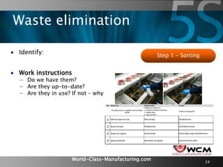 World-Class-Manufacturing.com 24
 Identify:
 Work instructions
− Do we have them?
− Are they up-to-date?
− Are they in use? If not – why not?
Step 1 – Sorting
Waste elimination
 