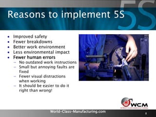 World-Class-Manufacturing.com 8
 Improved safety
 Fewer breakdowns
 Better work environment
 Less environmental impact
 Fewer human errors
− No outdated work instructions
− Small but annoying faults are
fixed
− Fewer visual distractions
when working
− It should be easier to do it
right than wrong!
Reasons to implement 5S
 