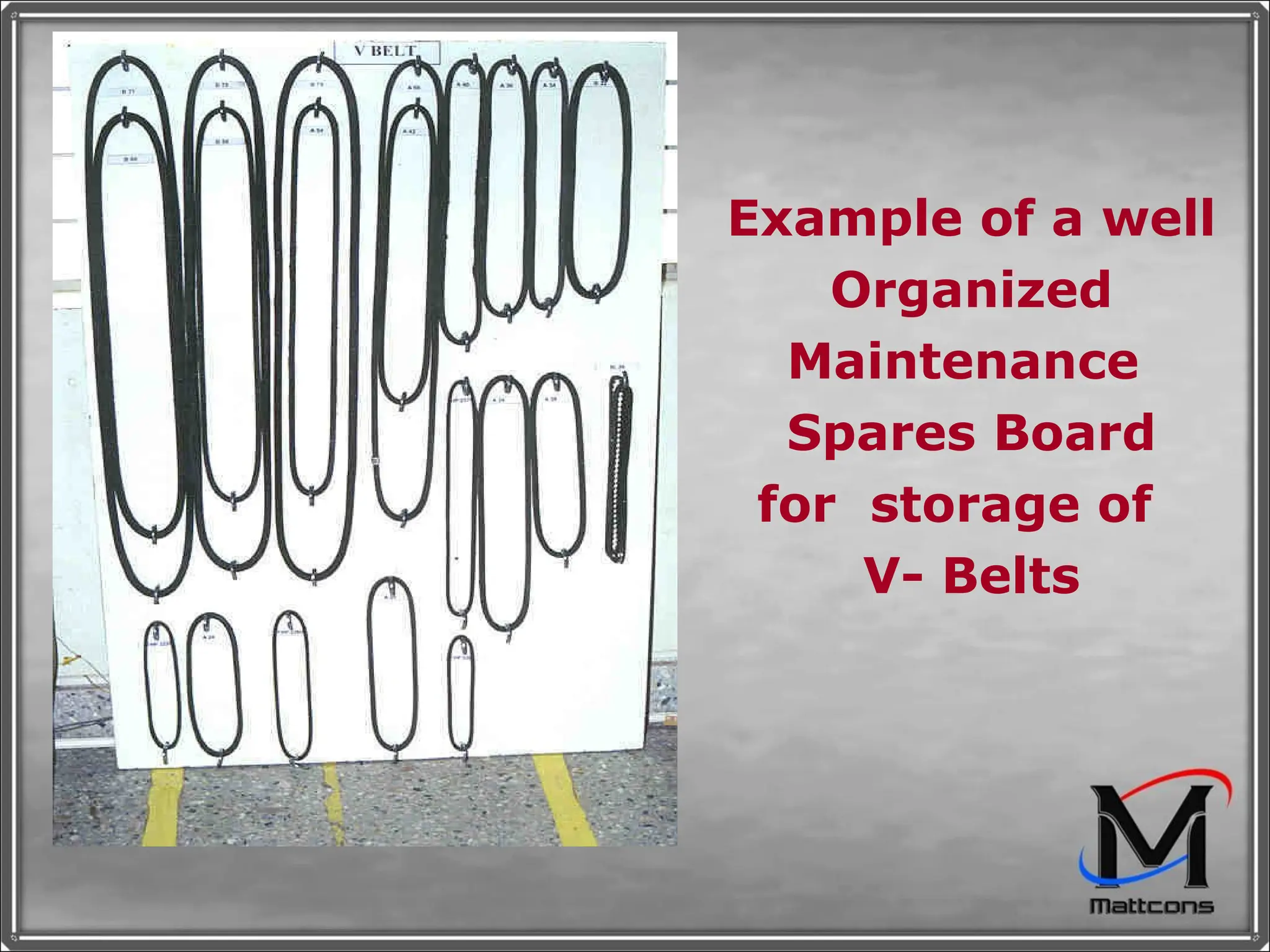 Example of a well Organized  Maintenance  Spares Board for  storage of  V- Belts 